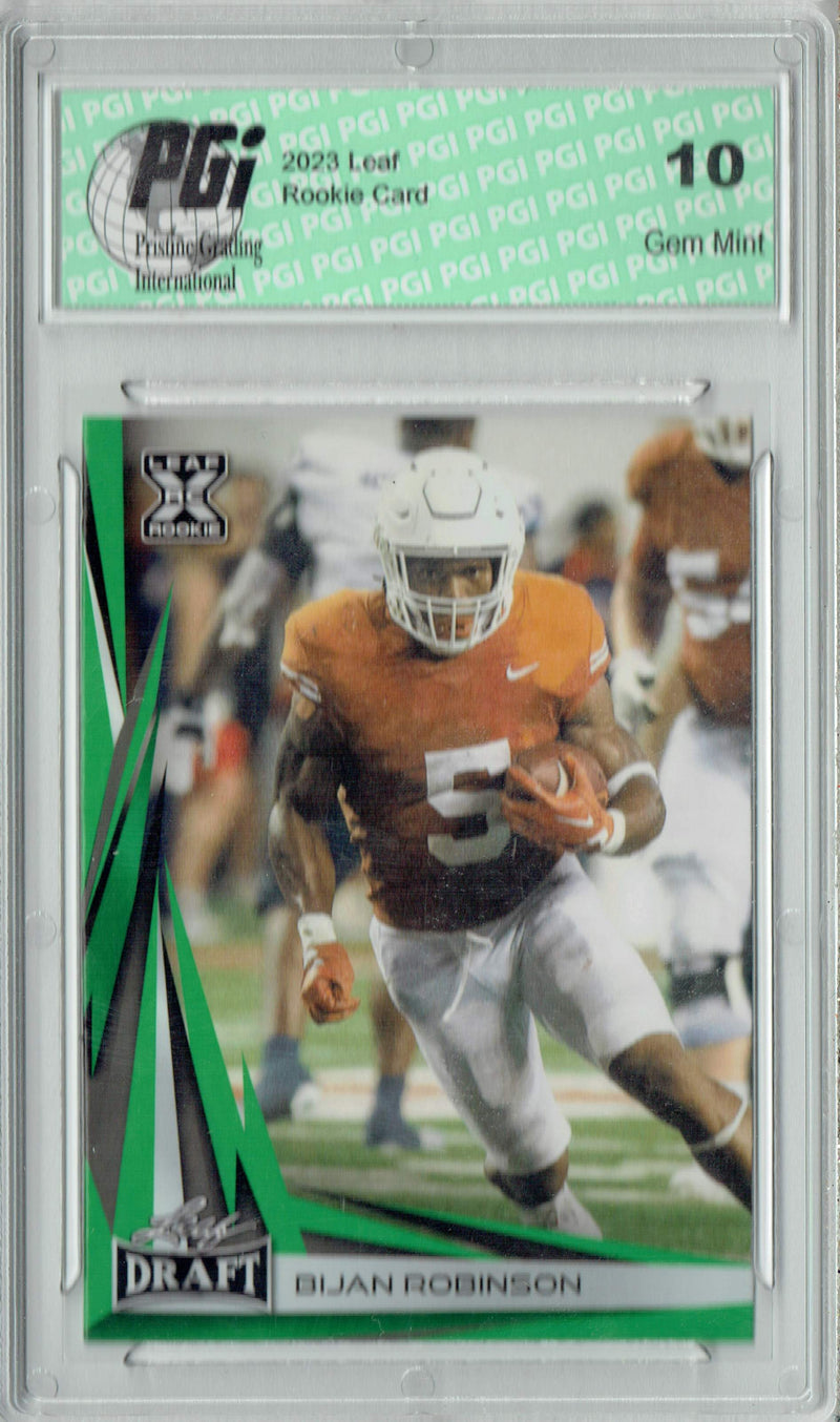 Bijan Robinson Rookie Card Atlanta PGI 10 Gem Mint Football Trading Card 2023 Leaf Football #B2-4 Green Special Edition