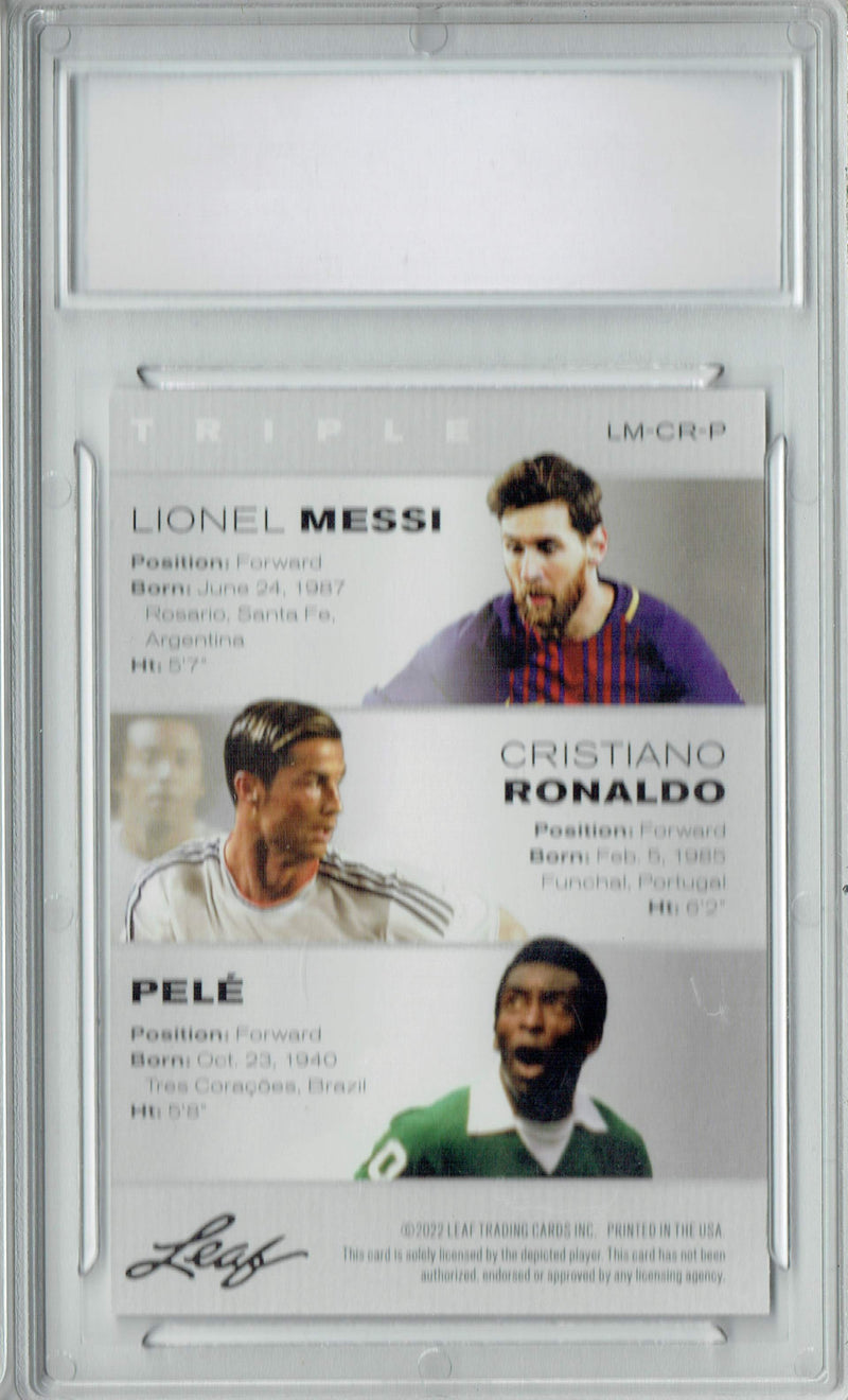 THE TRIPLE! Pele, Lionel Messi, Cristiano Ronaldo 2022 Leaf Legends Card PGI 10