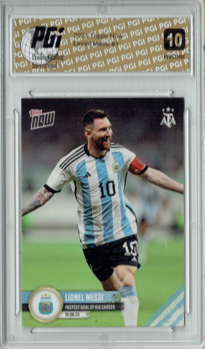 Lionel Messi 2023 Topps Now #1 PRISTINE Trading Card PGI 10