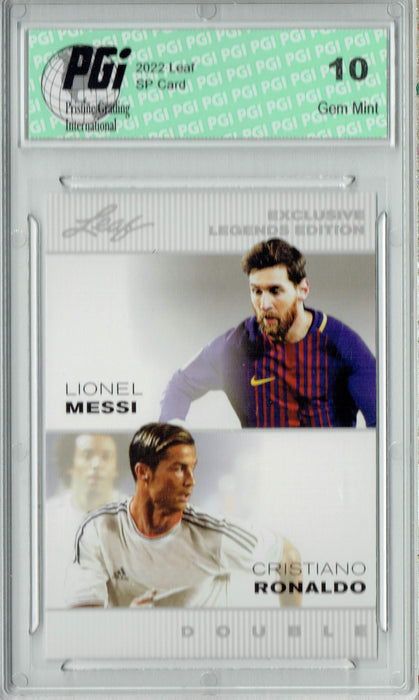Lionel Messi / Cristiano Ronaldo 2022 Leaf #LM-CR Dual GOAT Trading Card PGI 10