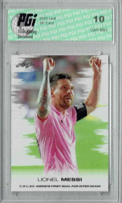 Lionel Messi 2023 Leaf #LMB-1 1st Inter Miami Goal! Rookie Card PGI 10