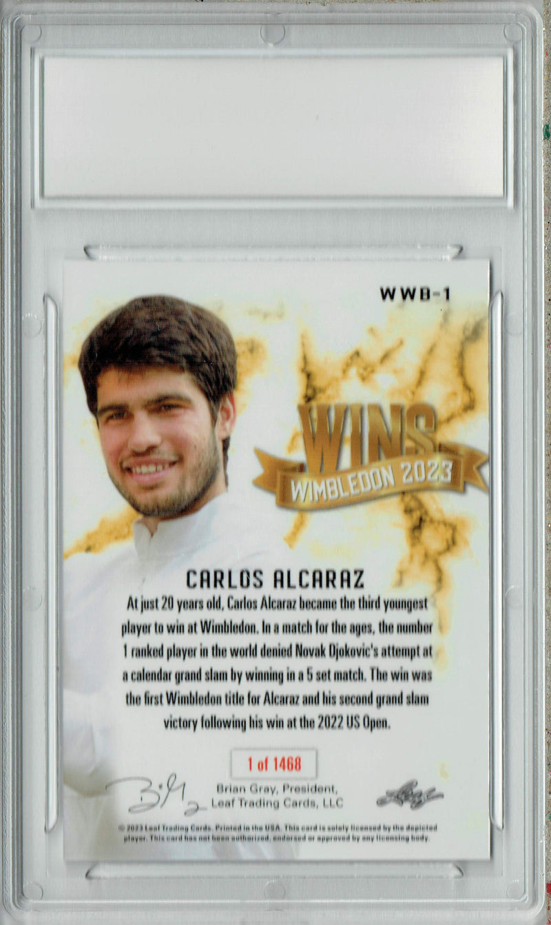 Carlos Alcaraz 2023 Leaf #WWB-1 1st Wimbledon Win Rookie Card PGI 10
