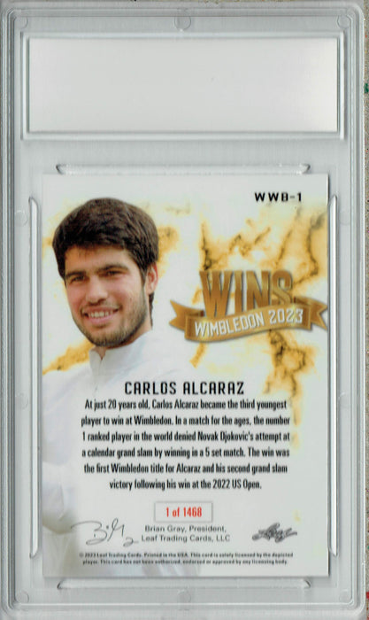Carlos Alcaraz 2023 Leaf #WWB-1 1st Wimbledon Win Trading Card PGI 10