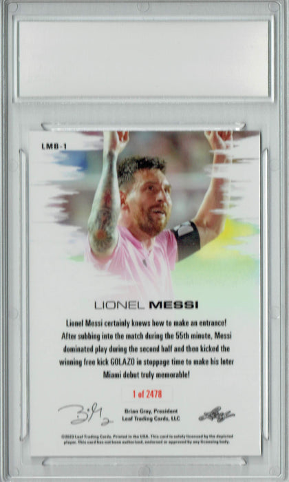 Lionel Messi 2023 Leaf #LMB-1 1st Inter Miami Goal! Rookie Card PGI 10