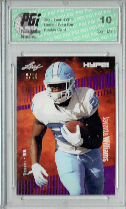 Javonte Williams 2022 Leaf HYPE! #65 Purple SP, 10 Made Rookie Card PGI 10