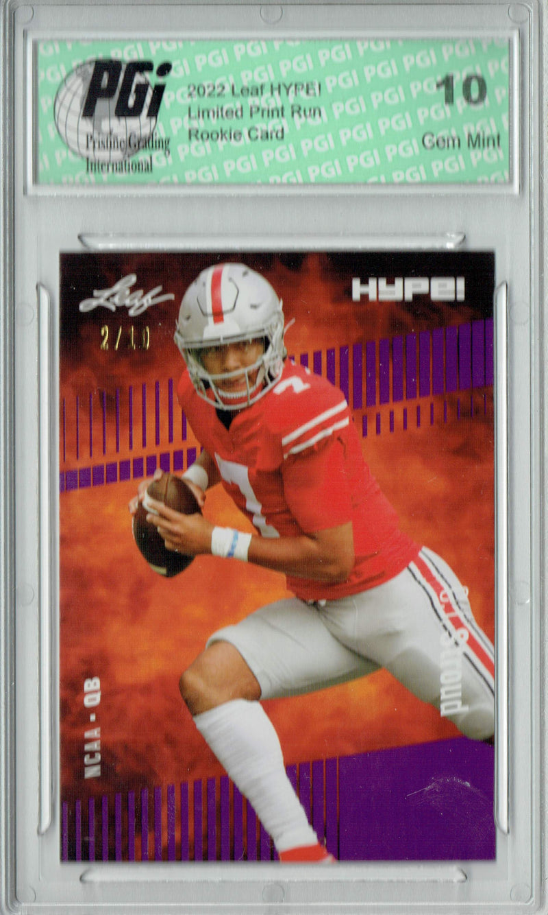 C.J. Stroud 2022 Leaf HYPE! #81A Purple SP, 10 Made Rookie Card PGI 10