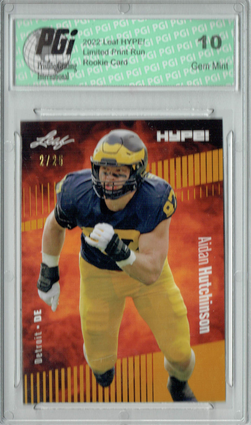Aidan Hutchinson Rookie Card Detroit PGI 10 Gem Mint Football Trading Card 2022 Leaf HYPE! #84 Gold SP, 25 Made