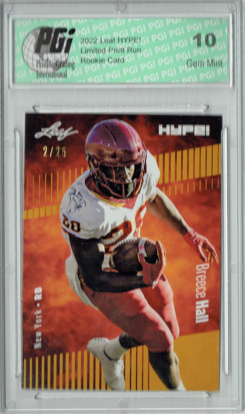 Breece Hall Rookie Card New York PGI 10 Gem Mint Football Trading Card 2022 Leaf HYPE! #90 Gold SP, 25 Made