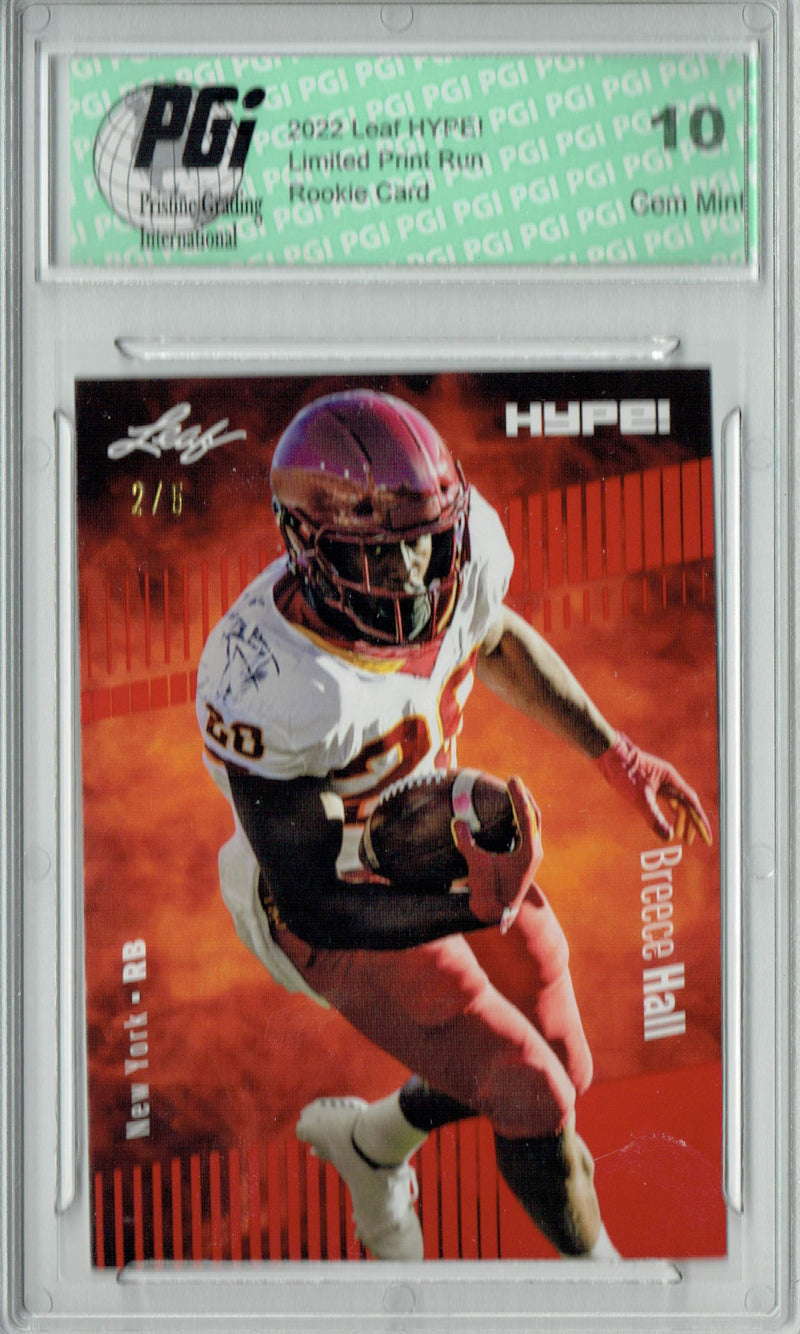 Breece Hall Rookie Card New York PGI 10 Gem Mint Football Trading Card 2022 Leaf HYPE! #90 Red SP, 5 Made