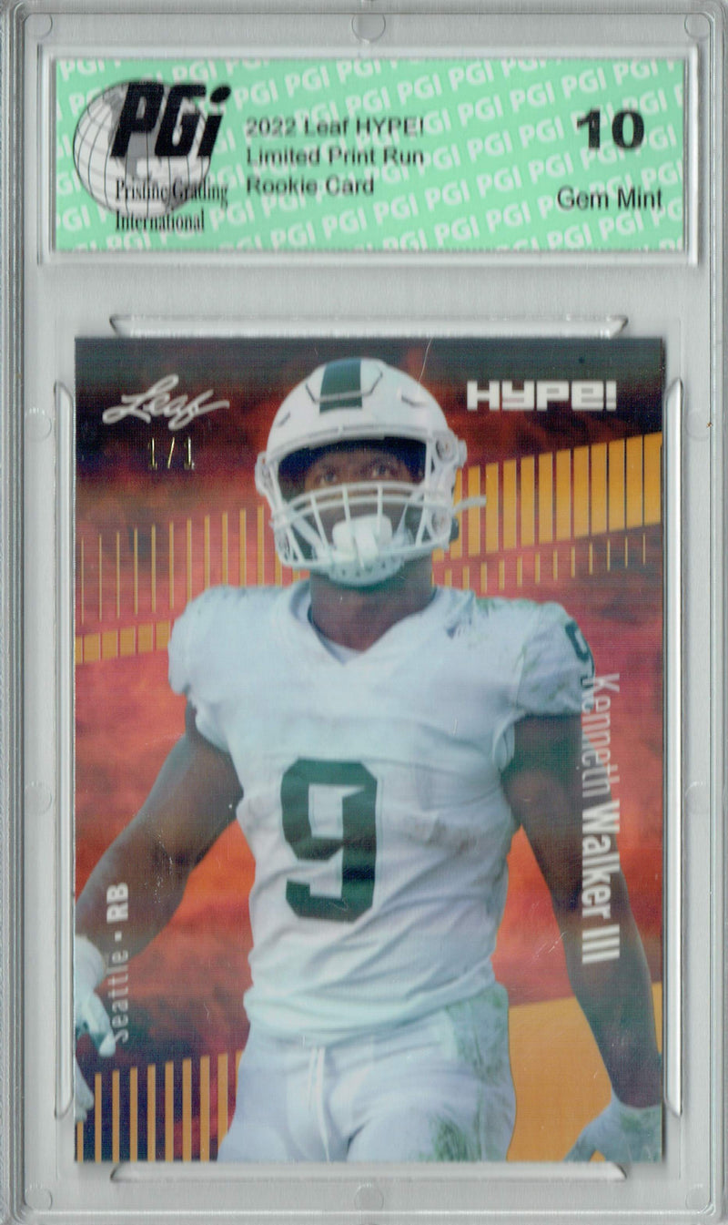 Kenneth Walker III Rookie Card Seattle PGI 10 Gem Mint Football Trading Card 2022 Leaf Hype #98 Gold Shimmer #1/1