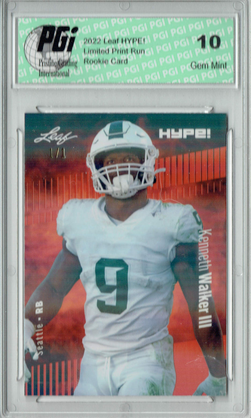Kenneth Walker III Rookie Card Seattle PGI 10 Gem Mint Football Trading Card 2022 Leaf Hype #98 Orange Shimmer #1/1