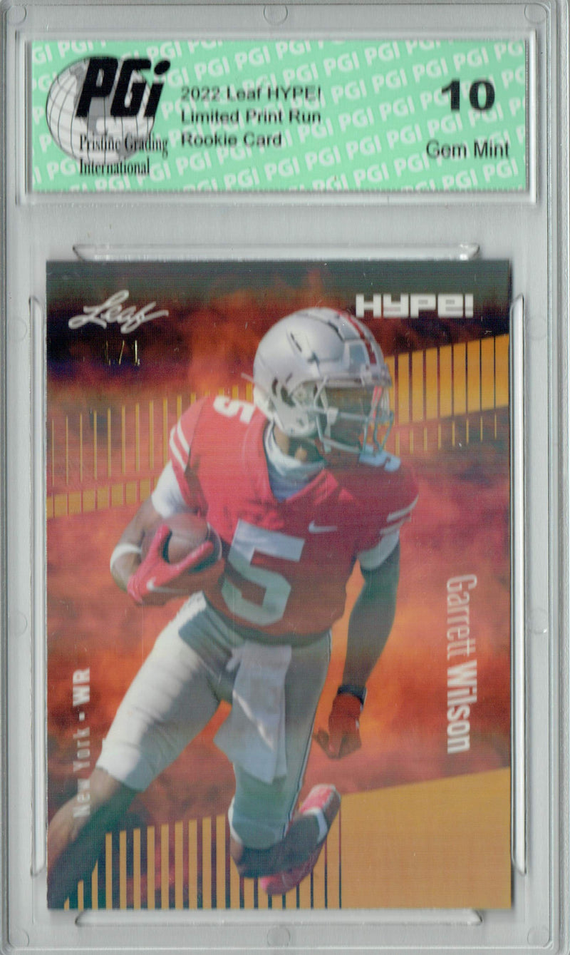 Garrett Wilson Rookie Card New York PGI 10 Gem Mint Football Trading Card 2022 Leaf Hype #86 Gold Shimmer #1/1