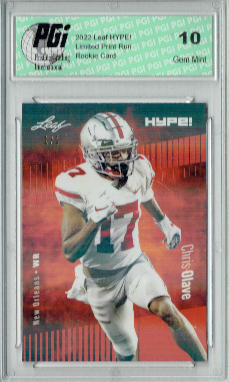 Chris Olave Rookie Card New Orleans PGI 10 Gem Mint Football Trading Card 2022 Leaf Hype #87 Orange Shimmer #1/1