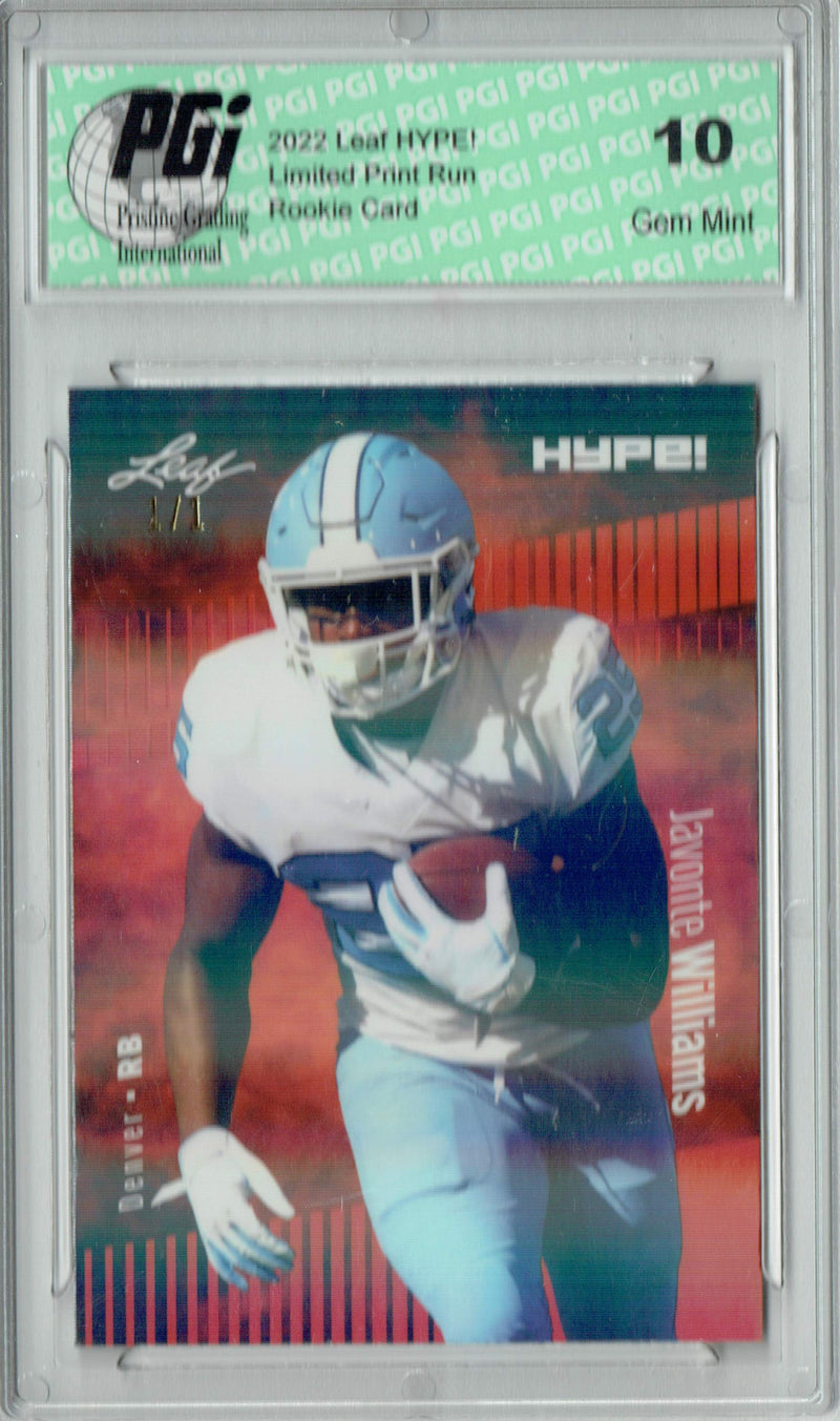 Javonte Williams Rookie Card Denver PGI 10 Gem Mint Football Trading Card 2022 Leaf Hype #65 Orange Shimmer #1/1