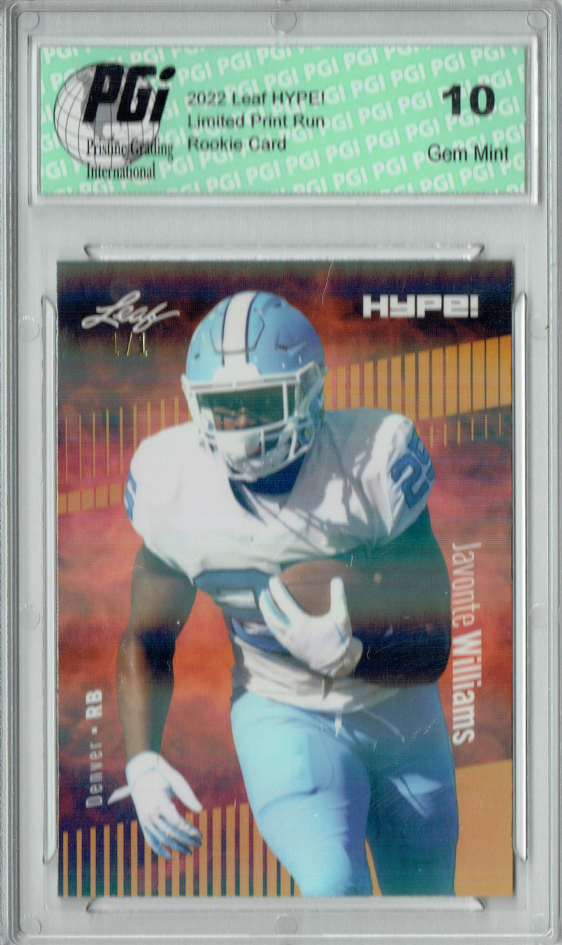 Javonte Williams Rookie Card Denver PGI 10 Gem Mint Football Trading Card 2022 Leaf Hype #65 Gold Shimmer #1/1