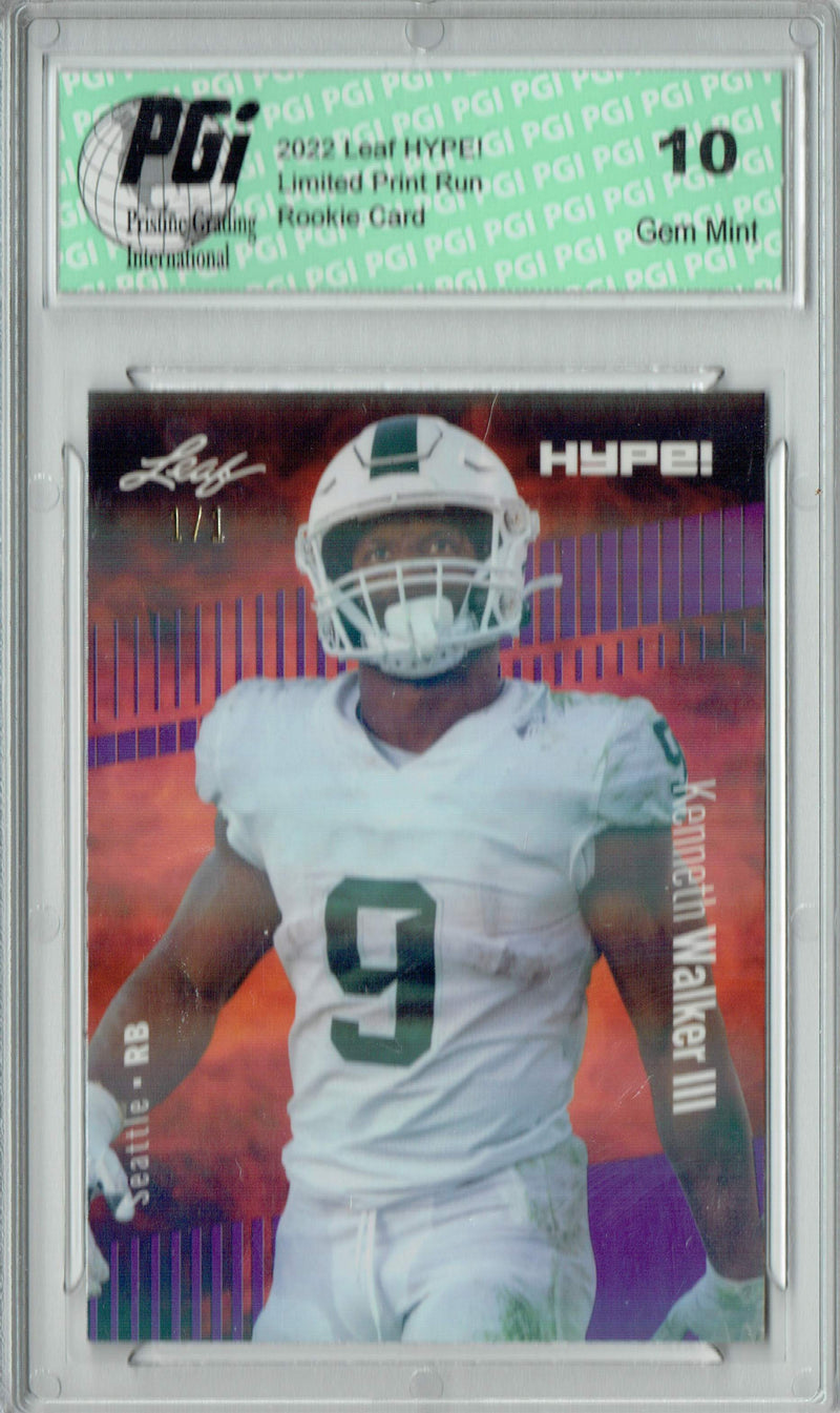 Kenneth Walker III Rookie Card Seattle PGI 10 Gem Mint Football Trading Card 2022 Leaf Hype #98 Purple Shimmer #1/1