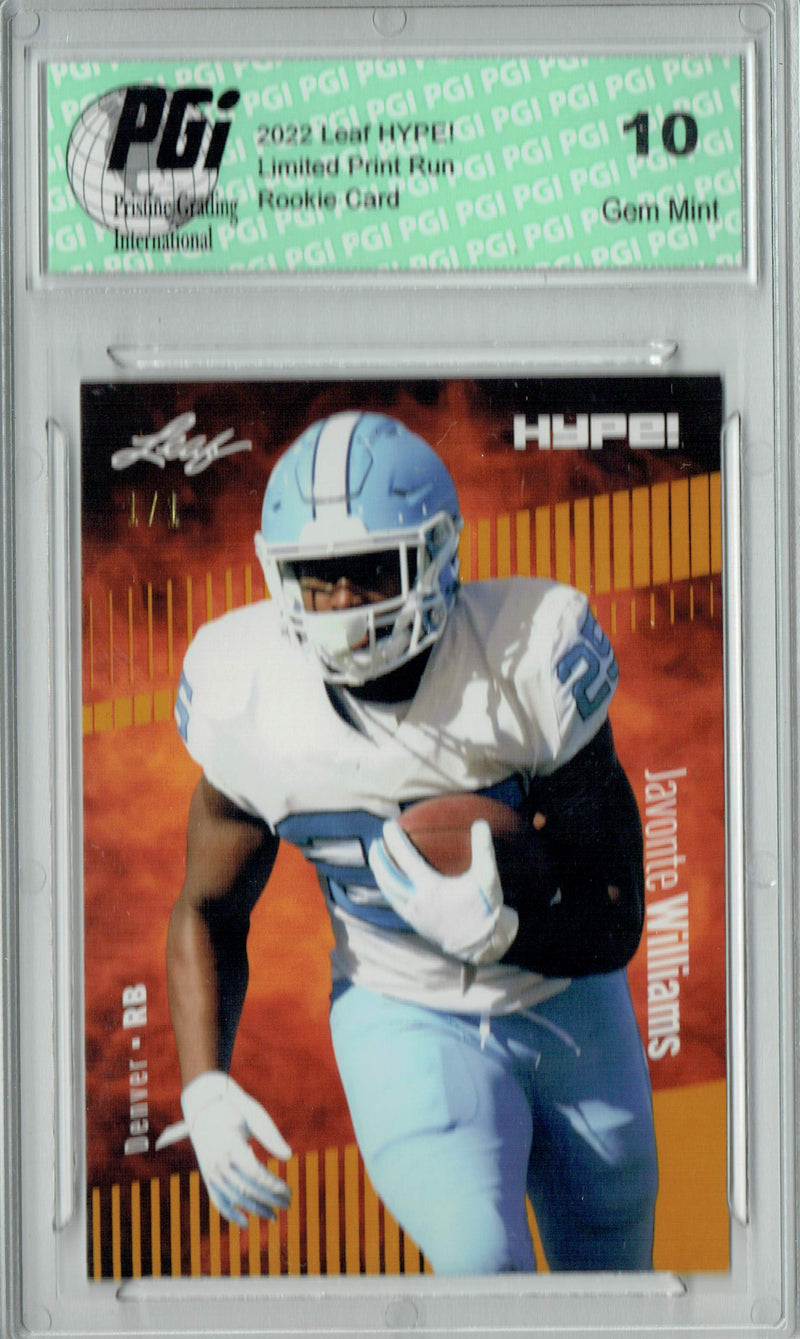 Javonte Williams Rookie Card Denver PGI 10 Gem Mint Football Trading Card 2022 Leaf Hype #65 Gold Blank Back #1/1