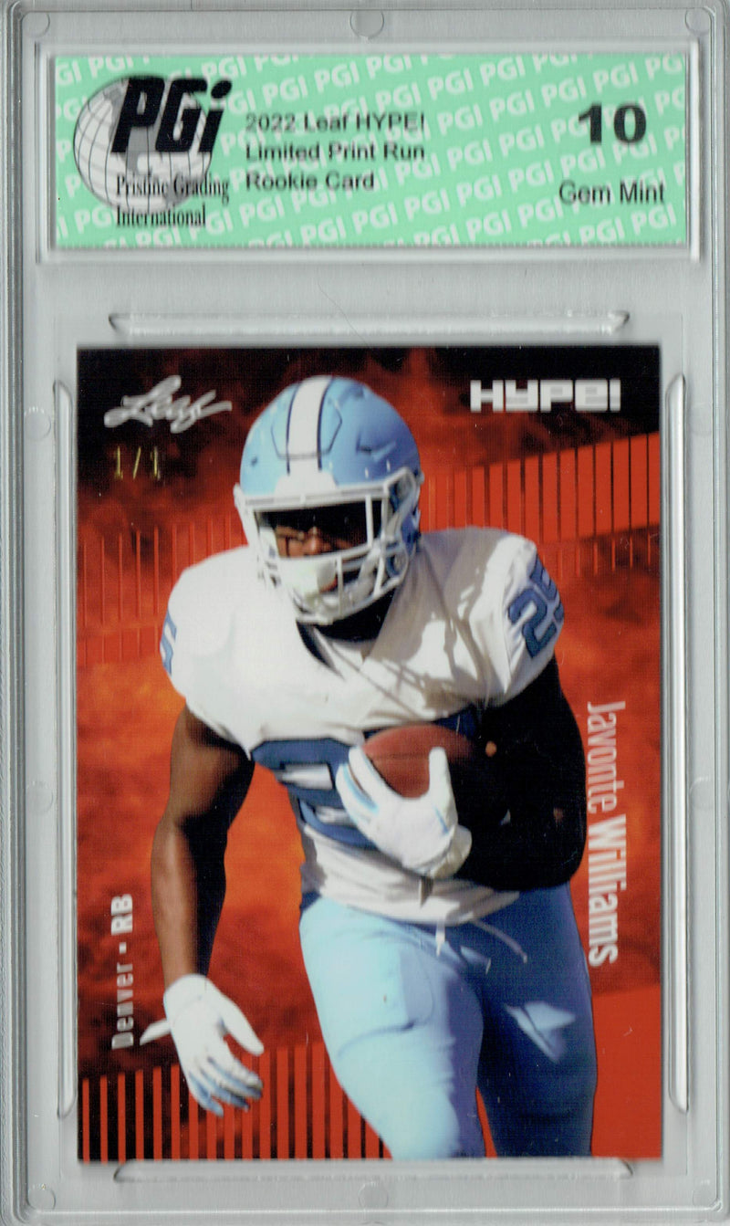 Javonte Williams Rookie Card Denver PGI 10 Gem Mint Football Trading Card 2022 Leaf Hype #65 Orange Blank Back #1/1