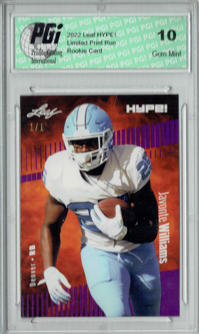 Javonte Williams Rookie Card Denver PGI 10 Gem Mint Football Trading Card 2022 Leaf Hype #65 Purple Blank Back #1/1