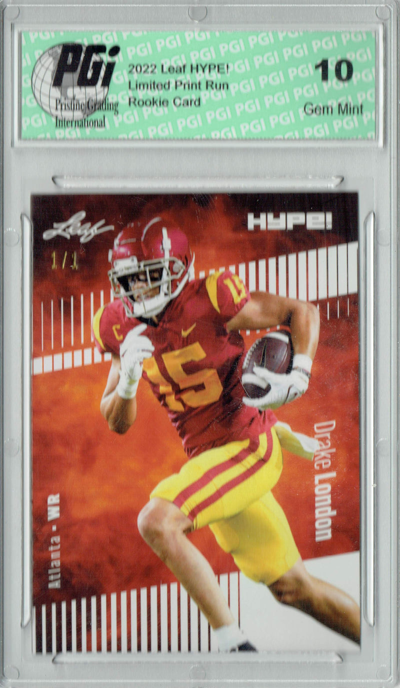 Drake London Rookie Card Atlanta PGI 10 Gem Mint Football Trading Card 2022 Leaf Hype #85 White Blank Back #1/1