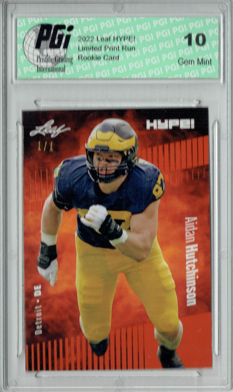 Aidan Hutchinson Rookie Card Detroit PGI 10 Gem Mint Football Trading Card 2022 Leaf Hype #84 Orange Blank Back #1/1