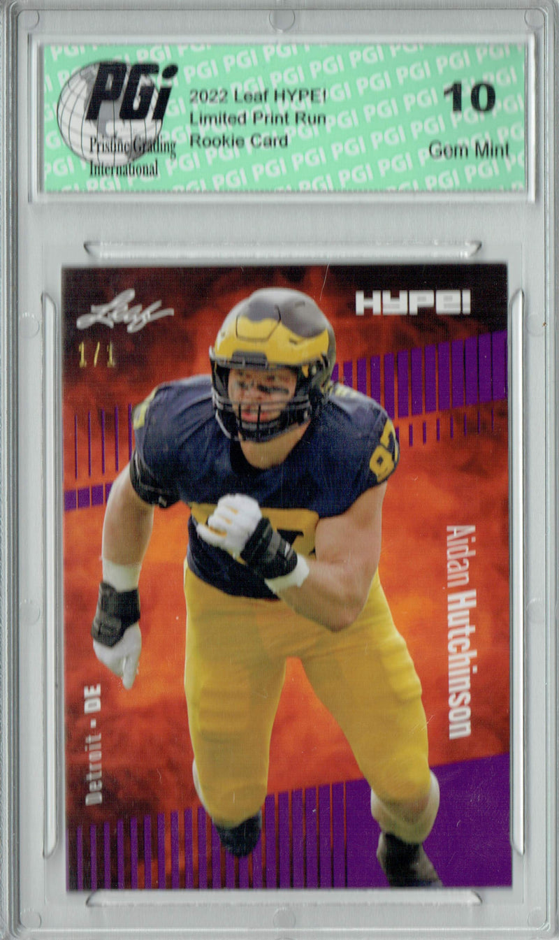Aidan Hutchinson Rookie Card Detroit PGI 10 Gem Mint Football Trading Card 2022 Leaf Hype #84 Purple Blank Back #1/1