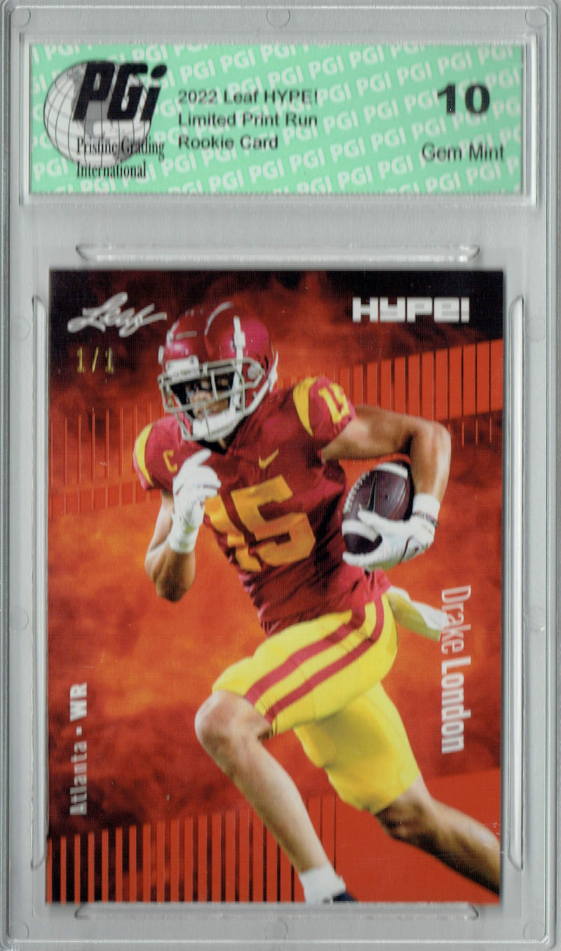 Drake London Rookie Card Atlanta PGI 10 Gem Mint Football Trading Card 2022 Leaf Hype #85 Orange Blank Back #1/1