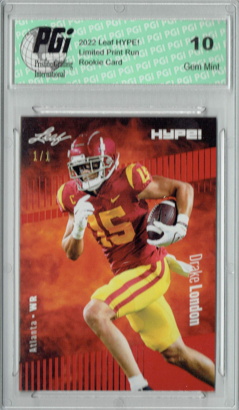 Drake London Rookie Card Atlanta PGI 10 Gem Mint Football Trading Card 2022 Leaf Hype #85 Red Blank Back #1/1