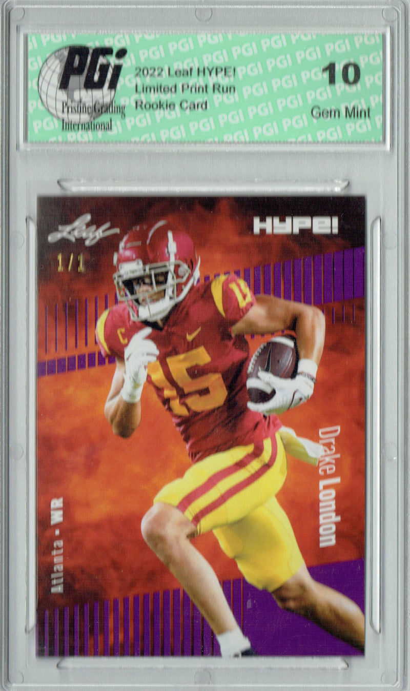 Drake London Rookie Card Atlanta PGI 10 Gem Mint Football Trading Card 2022 Leaf Hype #85 Purple Blank Back #1/1