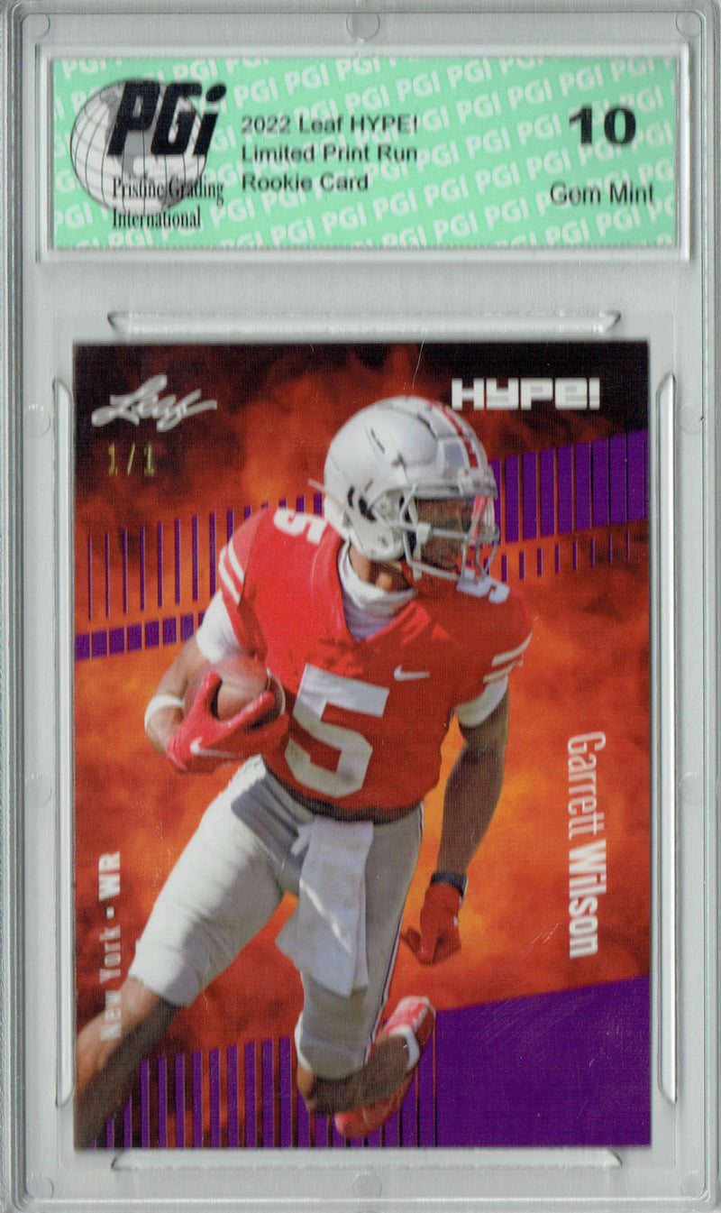 Garrett Wilson Rookie Card New York PGI 10 Gem Mint Football Trading Card 2022 Leaf Hype #86 Purple Blank Back #1/1