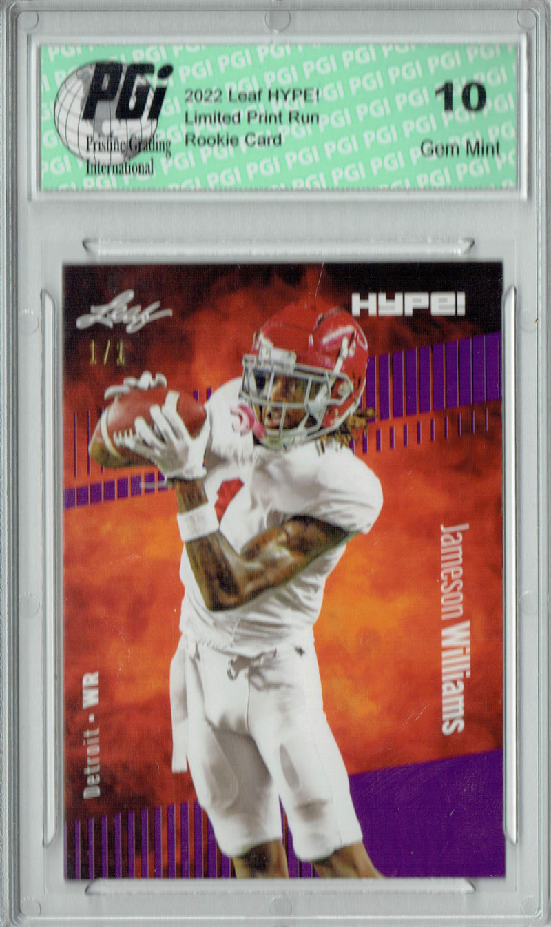 Jameson Williams Rookie Card Detroit PGI 10 Gem Mint Football Trading Card 2022 Leaf Hype #88 Purple Blank Back #1/1
