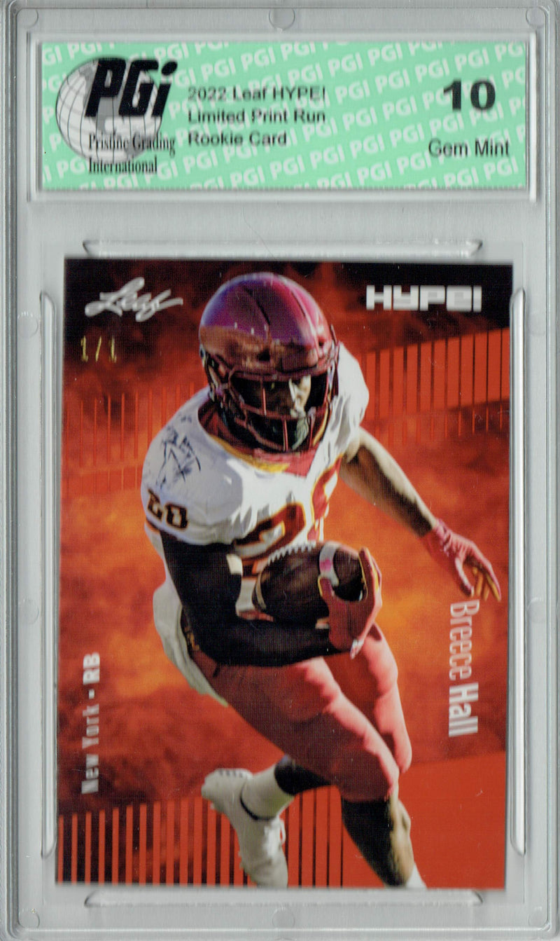 Breece Hall Rookie Card New York PGI 10 Gem Mint Football Trading Card 2022 Leaf Hype #90 Orange Blank Back #1/1