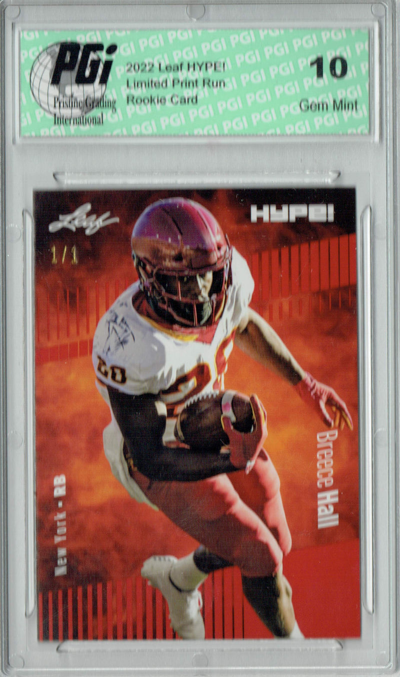Breece Hall Rookie Card New York PGI 10 Gem Mint Football Trading Card 2022 Leaf Hype #90 Red Blank Back #1/1