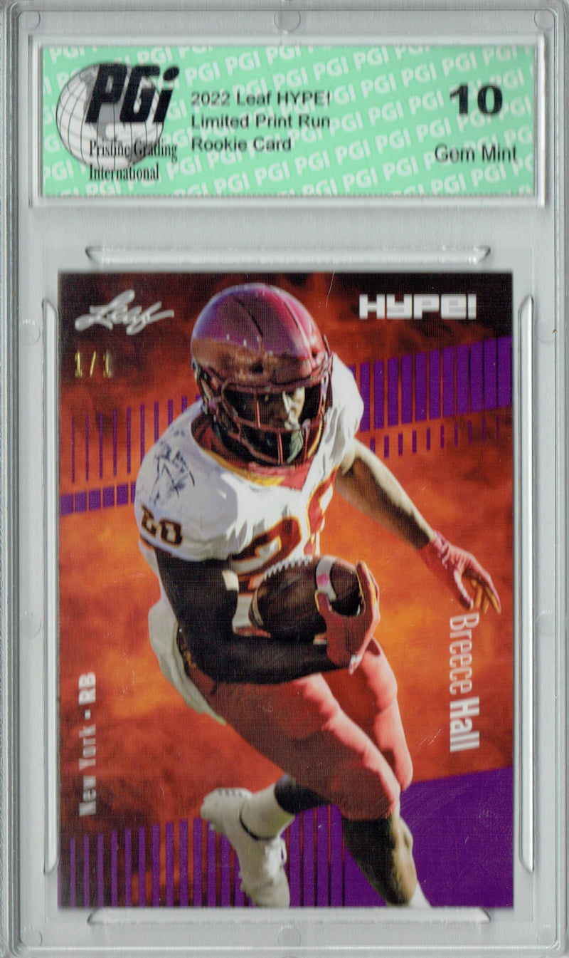 Breece Hall Rookie Card New York PGI 10 Gem Mint Football Trading Card 2022 Leaf Hype #90 Purple Blank Back #1/1