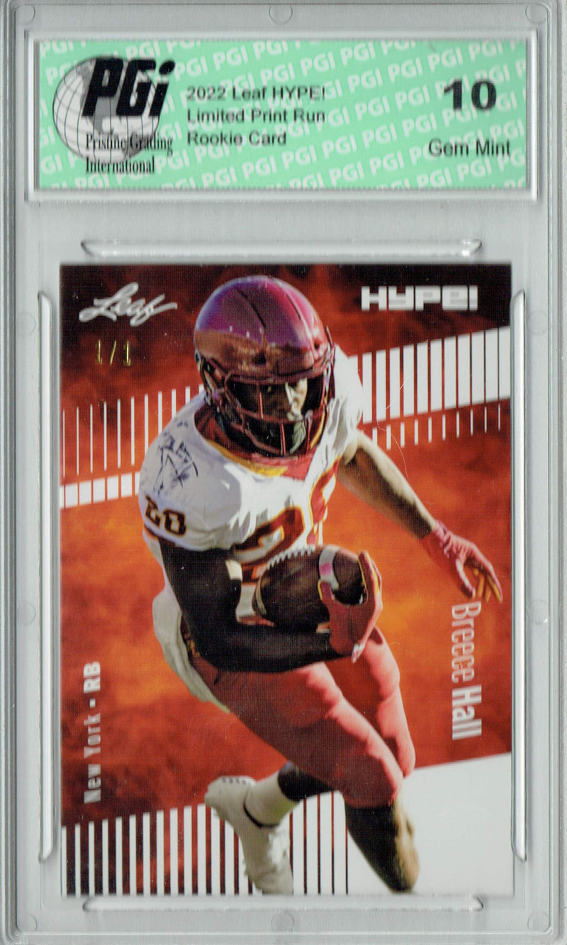 Breece Hall Rookie Card New York PGI 10 Gem Mint Football Trading Card 2022 Leaf Hype #90 White Blank Back #1/1
