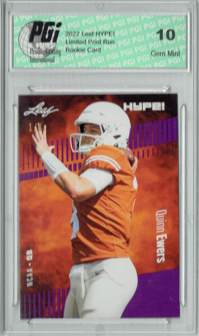 Quinn Ewers Rookie Card Texas PGI 10 Gem Mint Football Trading Card 2022 Leaf Hype #91 Purple Blank Back #1/1