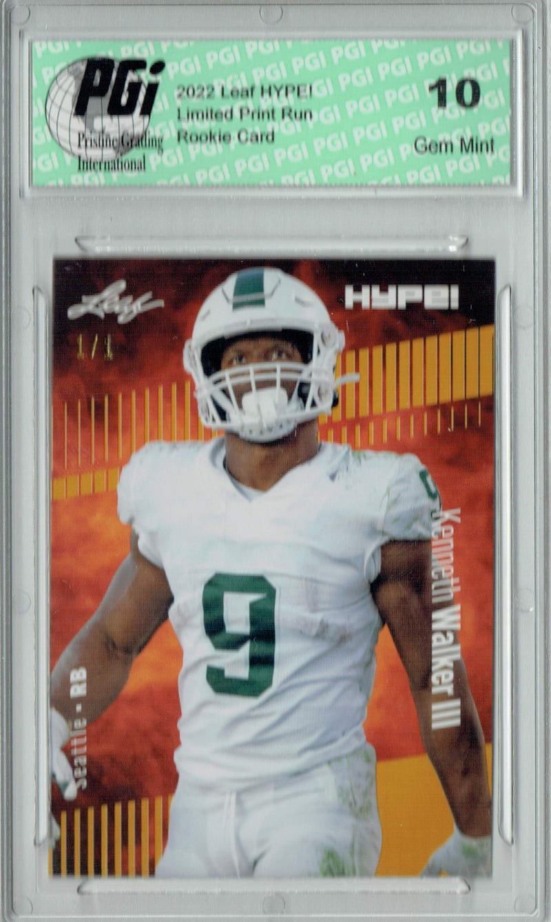 Kenneth Walker III Rookie Card Seattle PGI 10 Gem Mint Football Trading Card 2022 Leaf Hype #98 Gold Blank Back #1/1