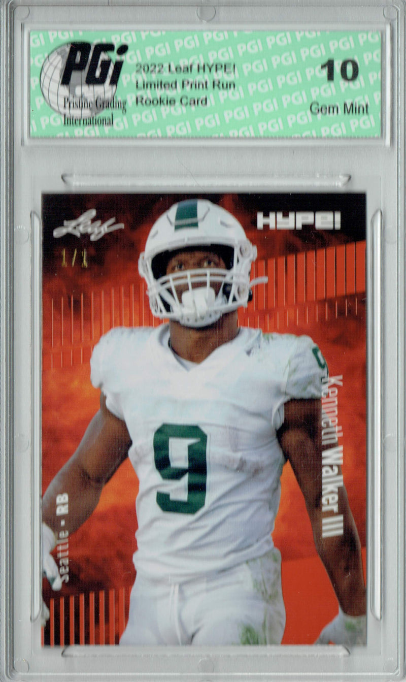 Kenneth Walker III Rookie Card Seattle PGI 10 Gem Mint Football Trading Card 2022 Leaf Hype #98 Orange Blank Back #1/1