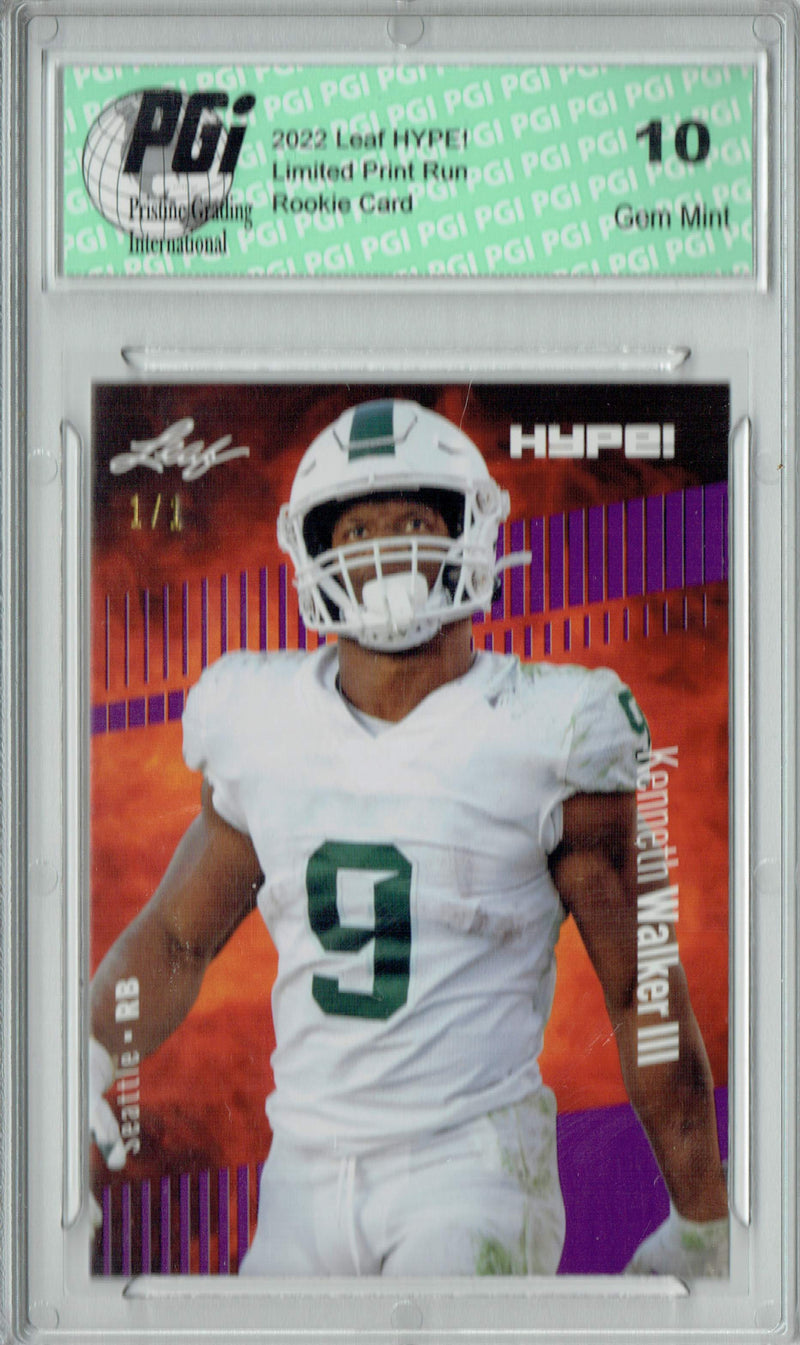 Kenneth Walker III Rookie Card Seattle PGI 10 Gem Mint Football Trading Card 2022 Leaf Hype #98 Purple Blank Back #1/1