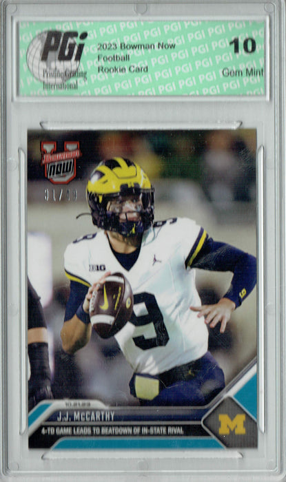 J.J. McCarthy 2023 Bowman Now #17 Blue SP 49 Made! Rookie Card PGI 10