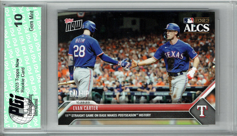 Evan Carter 2023 Topps Now #1033 Makes Postseason History Rookie Card PGI 10