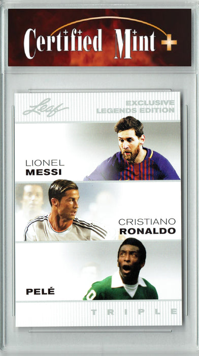 Certified Mint+ The TRIPLE! Lionel Messi Pele Cristiano Ronaldo 2022 Leaf Legends Edition #LM-CR-P Greatest Soccer Trading Card