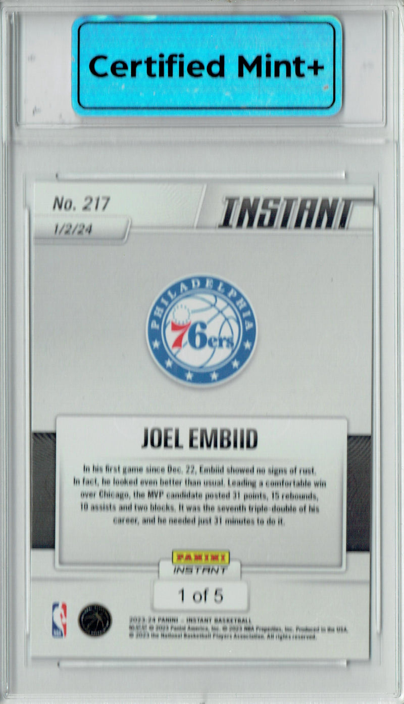 Certified Mint+ Joel Embiid 2023 Panini Instant #217 Versicolor SP The #1 of 5 Made Rookie Card Philadelphia 76ers