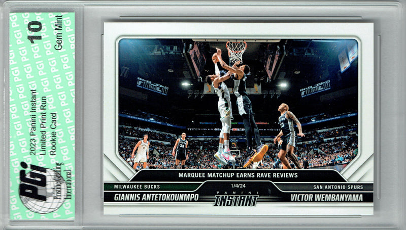 Victor Wembanyama 2023 Panini Instant #225 Giannis Antetokounmpo Rookie Card PGI 10