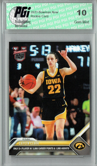 Caitlin Clark 2023 Bowman University Now #48 3k Pts, 1k Asts Rookie Card PGI 10