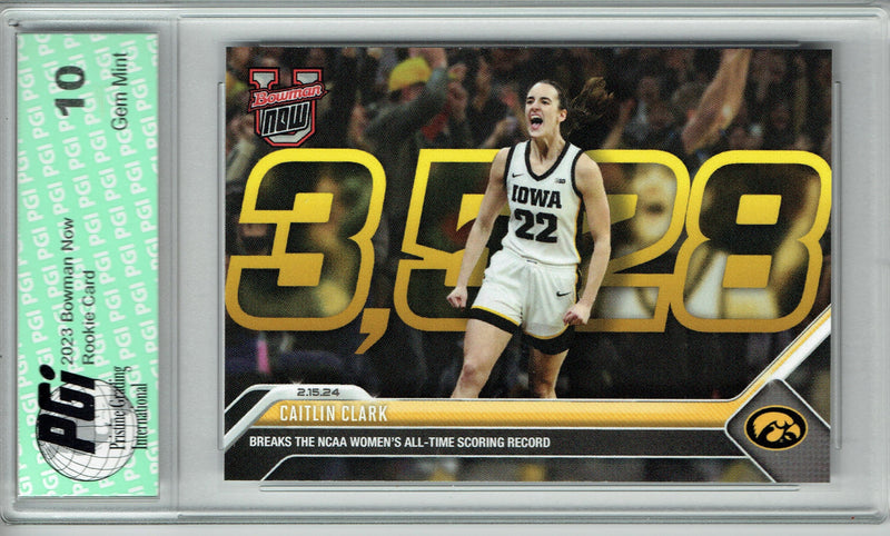 @ Caitlin Clark 2023 Bowman University Now #49 Scoring Record Rookie Card PGI 10