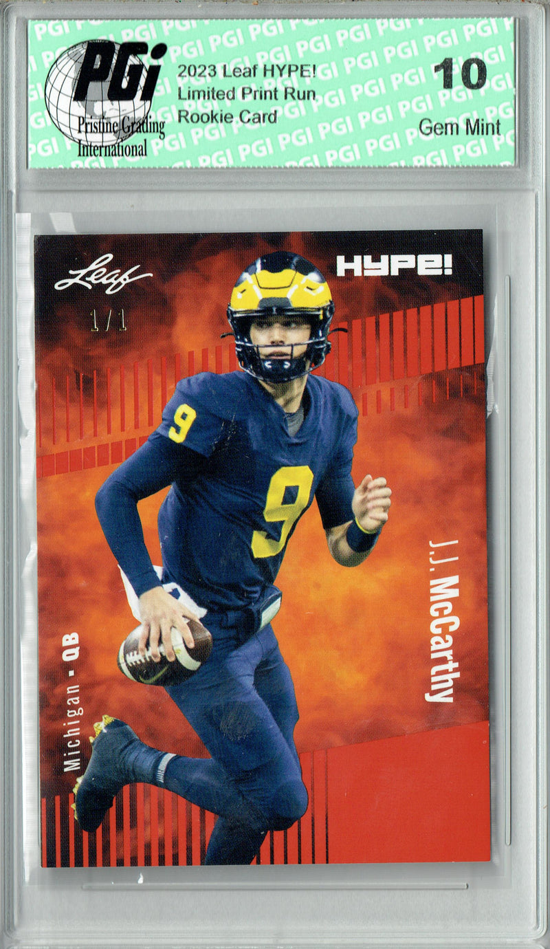 J.J. McCarthy Rookie Card Minnesota PGI 10 Gem Mint Football Trading Card 2023 Leaf HYPE! #122 Orange Blank Back 1/1