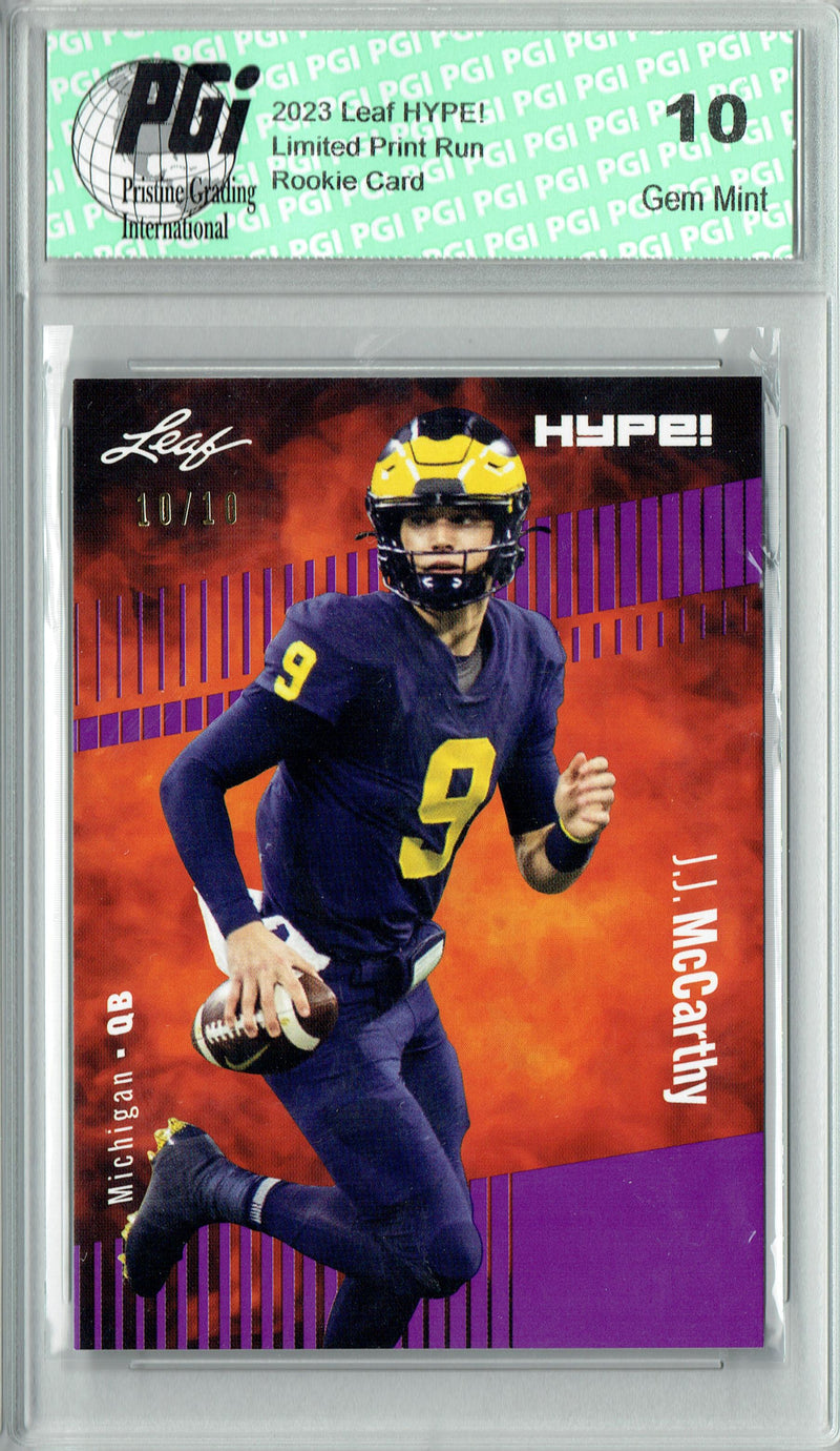 J.J. McCarthy Rookie Card Minnesota PGI 10 Gem Mint Football Trading Card 2023 Leaf HYPE! #122 Purple SP Just 10 Made