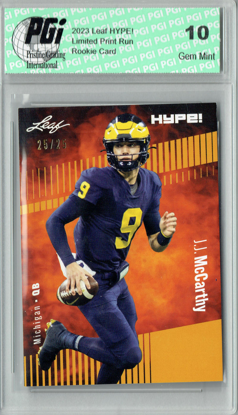 J.J. McCarthy Rookie Card Minnesota PGI 10 Gem Mint Football Trading Card 2023 Leaf HYPE! #122 Gold SP Just 25 Made
