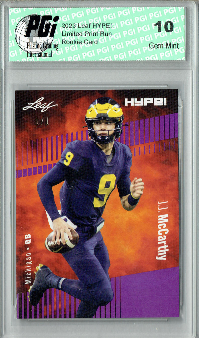 J.J. McCarthy Rookie Card Minnesota Football Trading Card 2023 Leaf HYPE! #122 Purple Blank Back 1/1  Certified Mint+